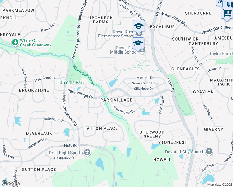 map of restaurants, bars, coffee shops, grocery stores, and more near 304 Swansboro Drive in Cary