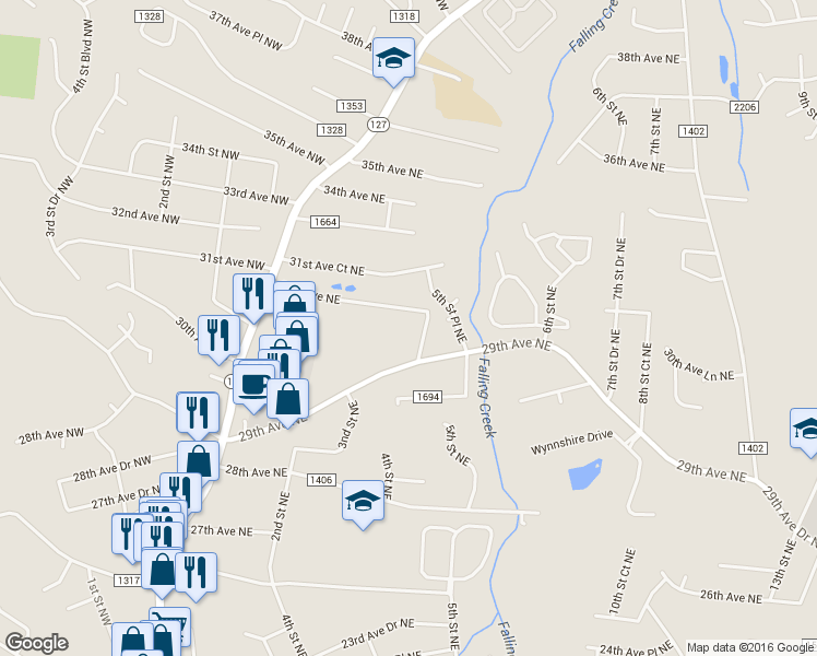 map of restaurants, bars, coffee shops, grocery stores, and more near 2925 4th Street Drive Northeast in Hickory