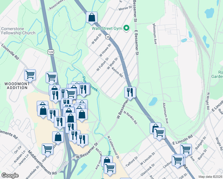 map of restaurants, bars, coffee shops, grocery stores, and more near 254 West Stephenson Street in Alcoa