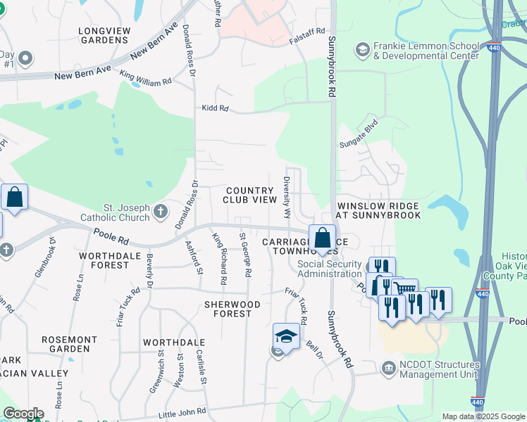map of restaurants, bars, coffee shops, grocery stores, and more near 628 Rawls Drive in Raleigh