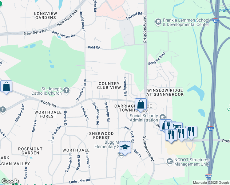 map of restaurants, bars, coffee shops, grocery stores, and more near 628 Rawls Drive in Raleigh