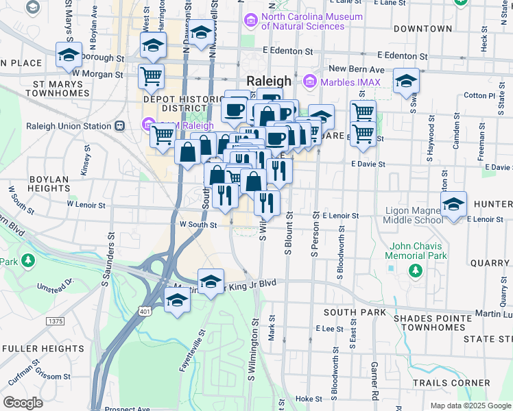 map of restaurants, bars, coffee shops, grocery stores, and more near 511 Fayetteville Street in Raleigh