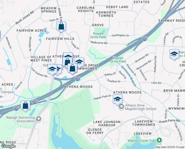 map of restaurants, bars, coffee shops, grocery stores, and more near 1100 Athens Drive in Raleigh
