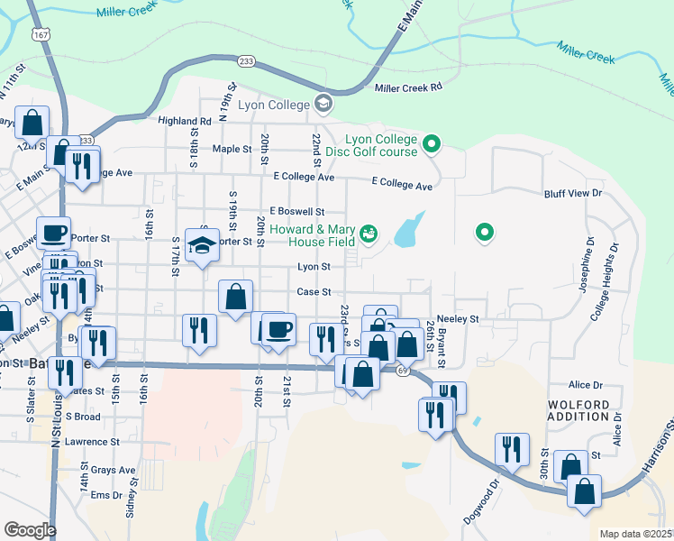 map of restaurants, bars, coffee shops, grocery stores, and more near 590 23rd Street in Batesville
