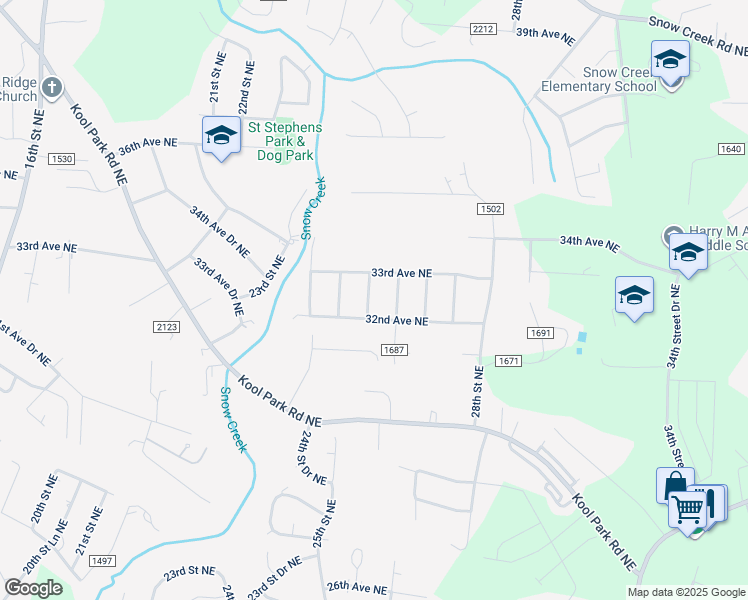 map of restaurants, bars, coffee shops, grocery stores, and more near 3224 25th Street Court Northeast in Hickory