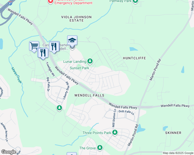 map of restaurants, bars, coffee shops, grocery stores, and more near 212 Daniel Ridge Road in Wendell