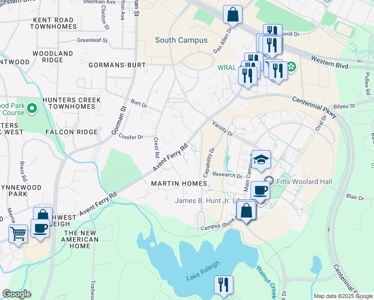 map of restaurants, bars, coffee shops, grocery stores, and more near 2509 Avent Ferry Road in Raleigh