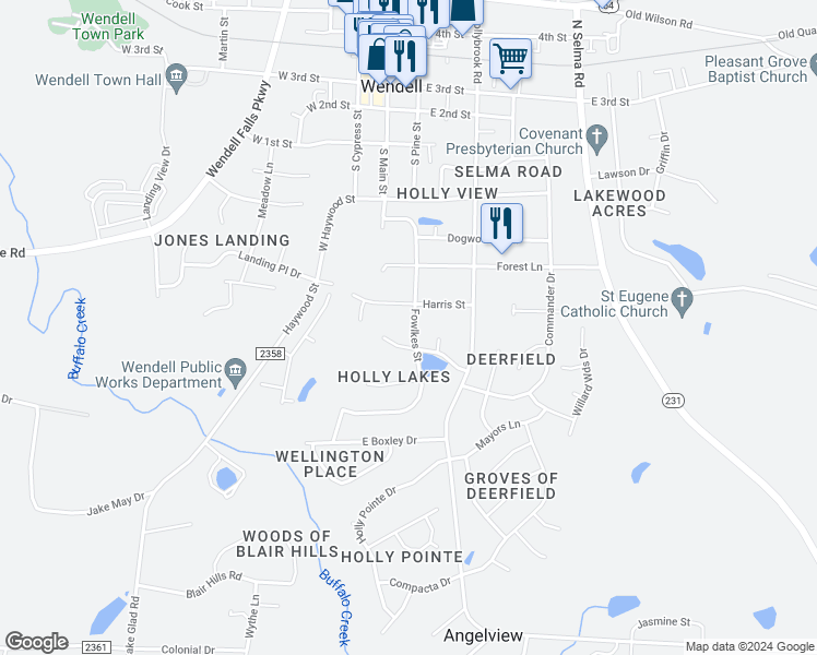 map of restaurants, bars, coffee shops, grocery stores, and more near 320 Fowlkes Street in Wendell