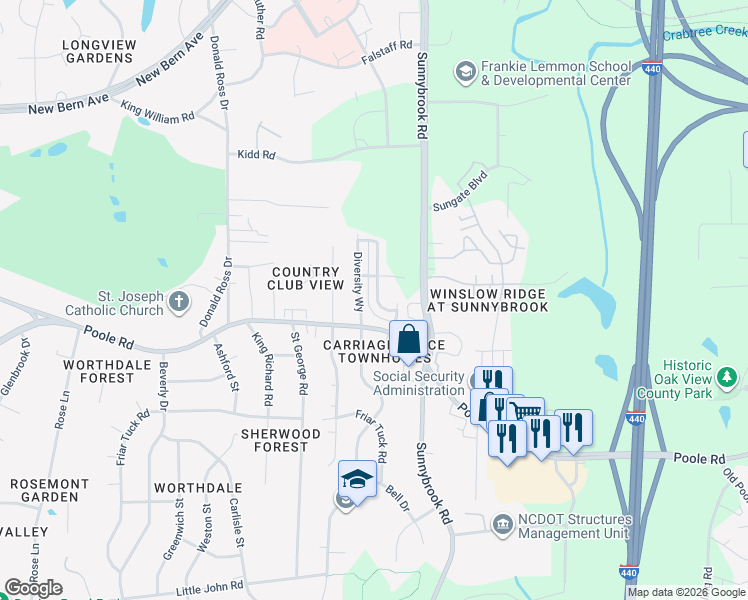map of restaurants, bars, coffee shops, grocery stores, and more near 3209 Poole Road in Raleigh