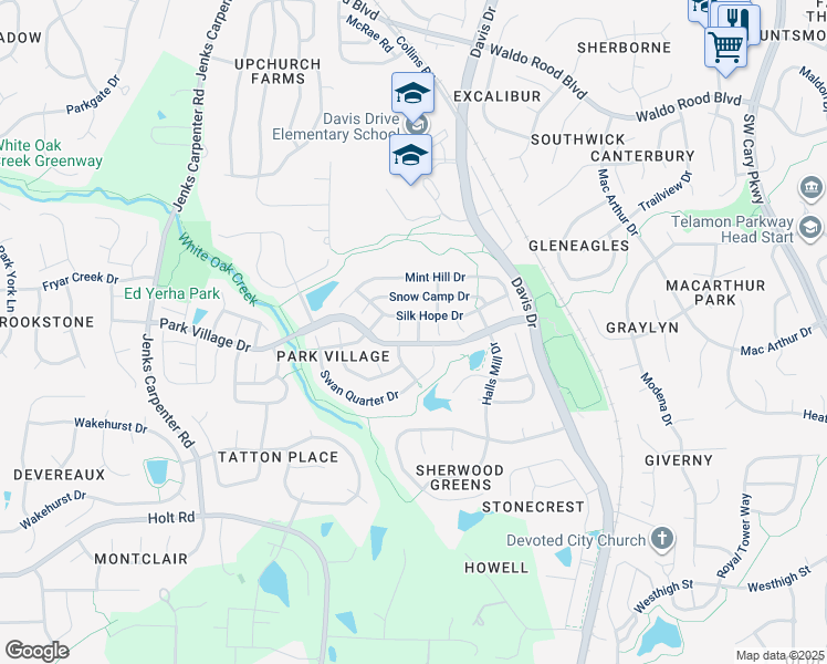 map of restaurants, bars, coffee shops, grocery stores, and more near 104 Newton Grove in Cary
