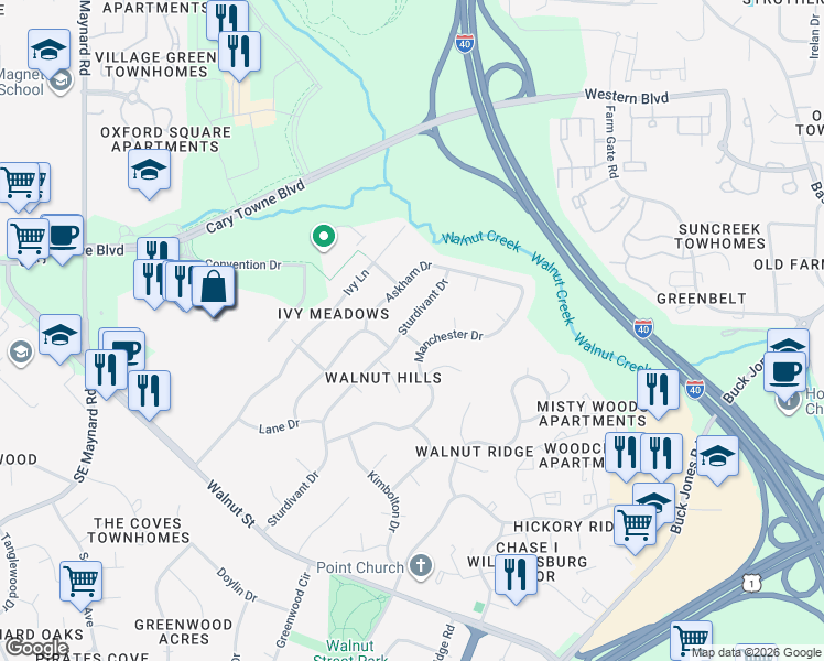 map of restaurants, bars, coffee shops, grocery stores, and more near 1031 Sturdivant Dr in Cary