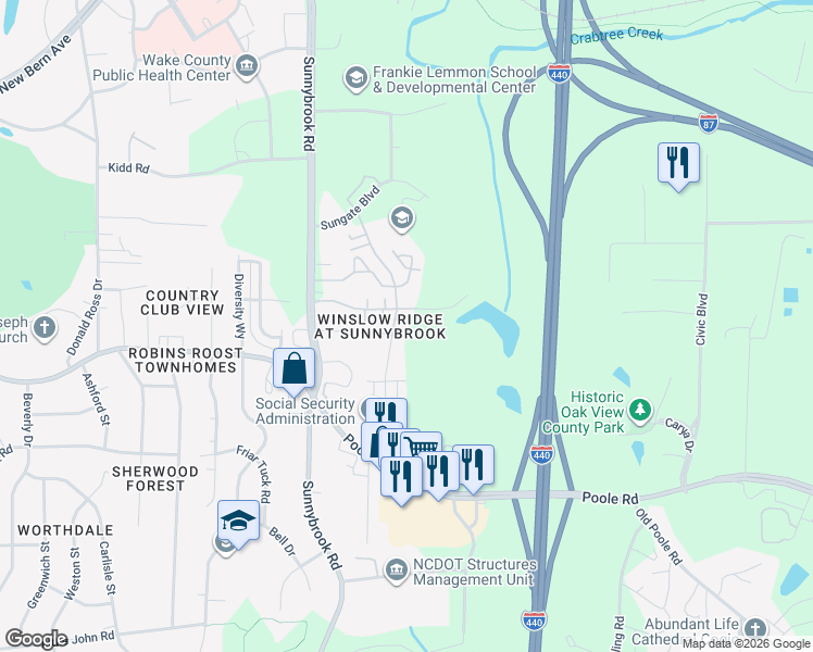 map of restaurants, bars, coffee shops, grocery stores, and more near 3409 Sosa Road in Raleigh