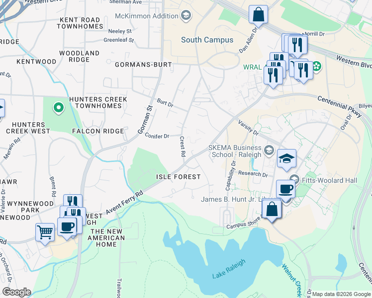 map of restaurants, bars, coffee shops, grocery stores, and more near 1707 Crest Road in Raleigh
