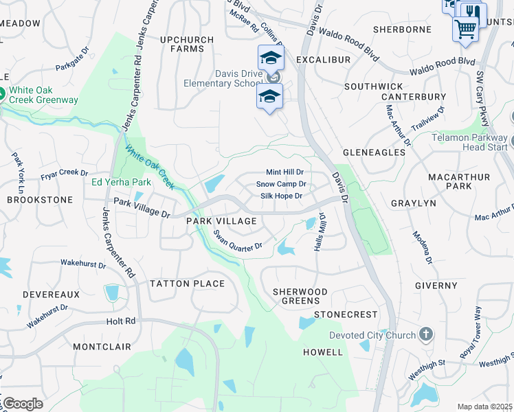 map of restaurants, bars, coffee shops, grocery stores, and more near 104 Morgans Corner Run in Cary