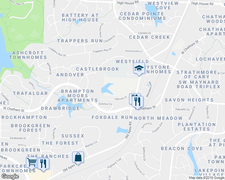 map of restaurants, bars, coffee shops, grocery stores, and more near 1344 Old Apex Road in Cary