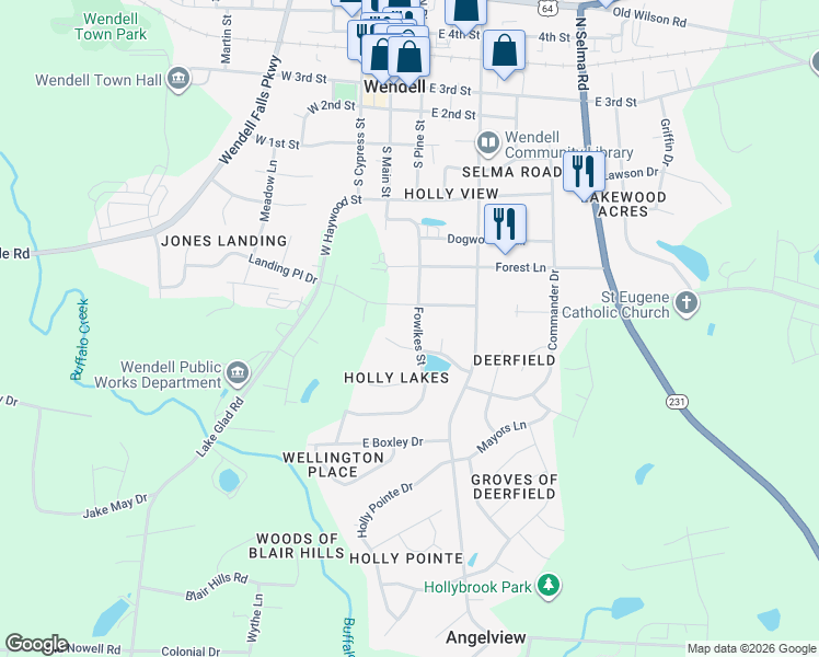 map of restaurants, bars, coffee shops, grocery stores, and more near 320 Fowlkes Street in Wendell
