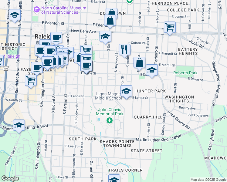 map of restaurants, bars, coffee shops, grocery stores, and more near 516 South Haywood Street in Raleigh