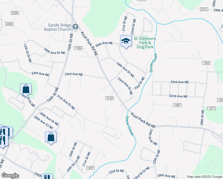 map of restaurants, bars, coffee shops, grocery stores, and more near 2124 Kool Park Road Northeast in Hickory