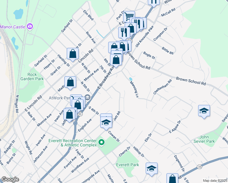 map of restaurants, bars, coffee shops, grocery stores, and more near 1803 Jett Road in Maryville