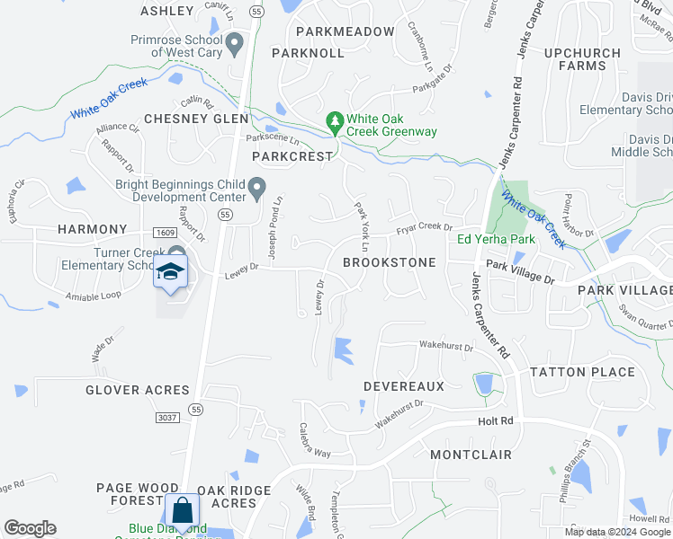 map of restaurants, bars, coffee shops, grocery stores, and more near 6636 Lewey Drive in Cary