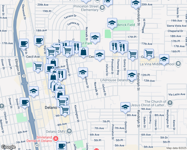 map of restaurants, bars, coffee shops, grocery stores, and more near 1405 12th Avenue in Delano