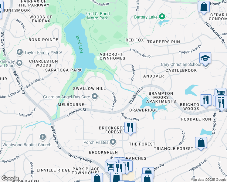 map of restaurants, bars, coffee shops, grocery stores, and more near 122 Trafalgar Lane in Cary