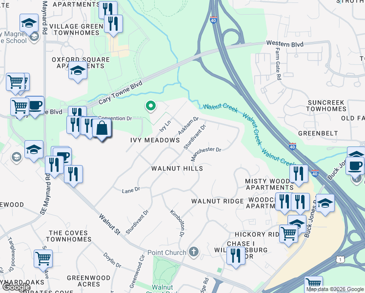 map of restaurants, bars, coffee shops, grocery stores, and more near 1034 Sturdivant Drive in Cary