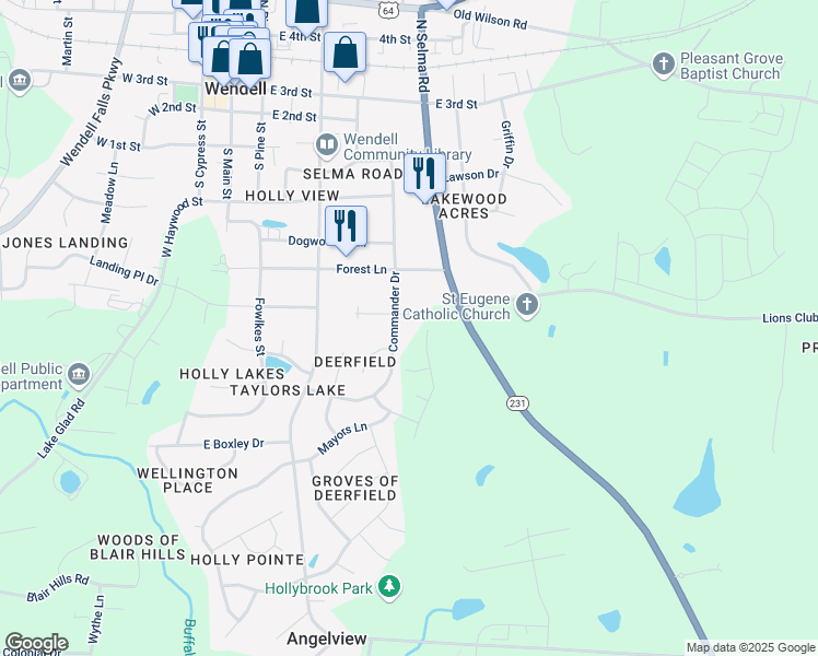 map of restaurants, bars, coffee shops, grocery stores, and more near 20 West Canterbury Court in Wendell