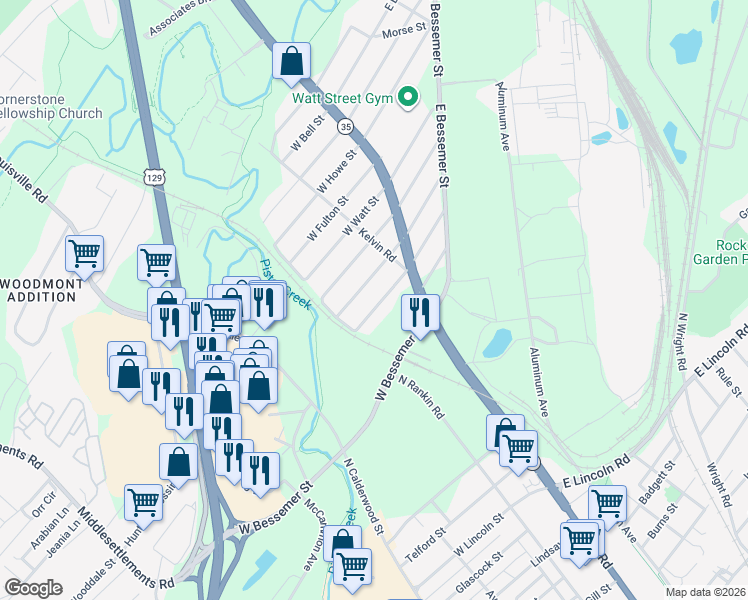 map of restaurants, bars, coffee shops, grocery stores, and more near 254 W Stephenson St in Alcoa