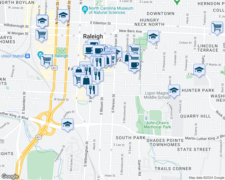 map of restaurants, bars, coffee shops, grocery stores, and more near 516 South Person Street in Raleigh