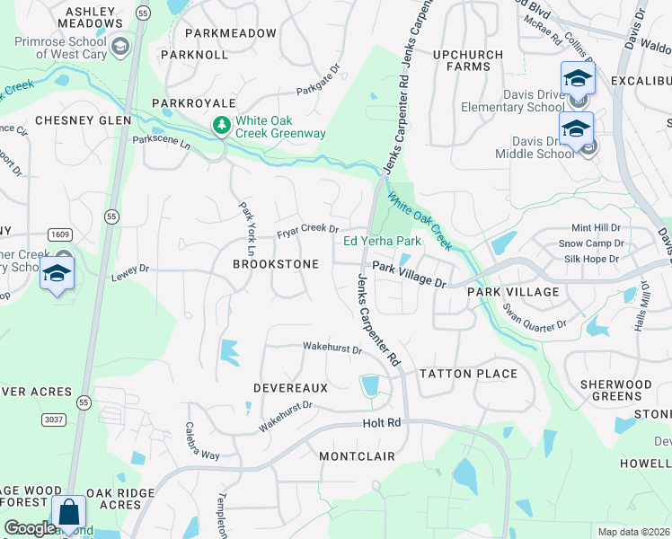 map of restaurants, bars, coffee shops, grocery stores, and more near 109 Brook Fryar Street in Cary
