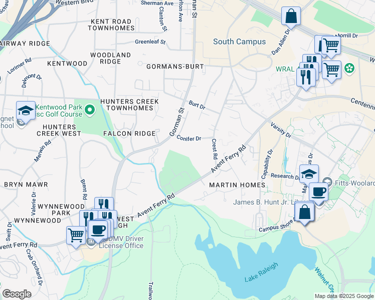 map of restaurants, bars, coffee shops, grocery stores, and more near 2729 Conifer Drive in Raleigh