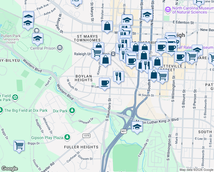 map of restaurants, bars, coffee shops, grocery stores, and more near 516 South Saunders Street in Raleigh