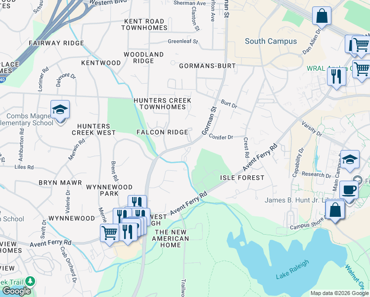 map of restaurants, bars, coffee shops, grocery stores, and more near 1501 Graduate Lane in Raleigh
