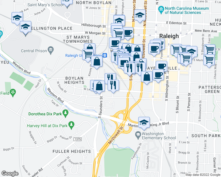 map of restaurants, bars, coffee shops, grocery stores, and more near 502 West Lenoir Street in Raleigh