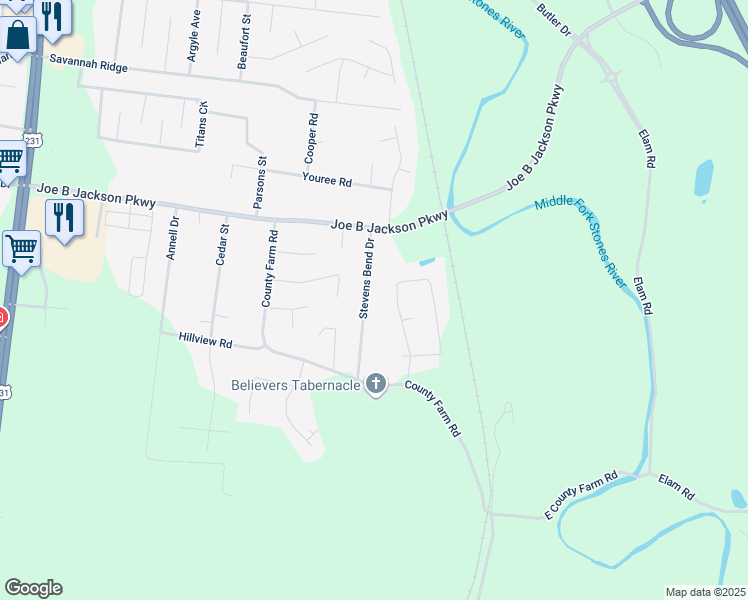 map of restaurants, bars, coffee shops, grocery stores, and more near 3573 Stevens Bend Drive in Murfreesboro