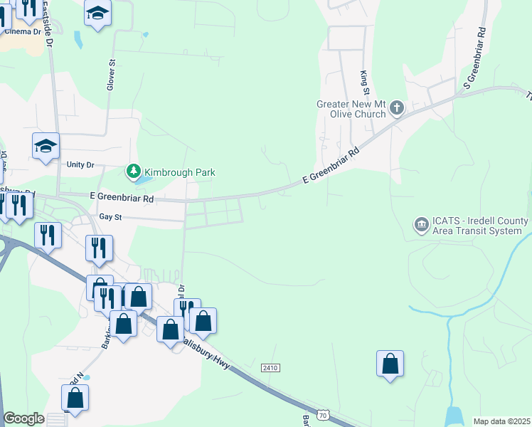 map of restaurants, bars, coffee shops, grocery stores, and more near 2110 East Greenbriar Road in Statesville