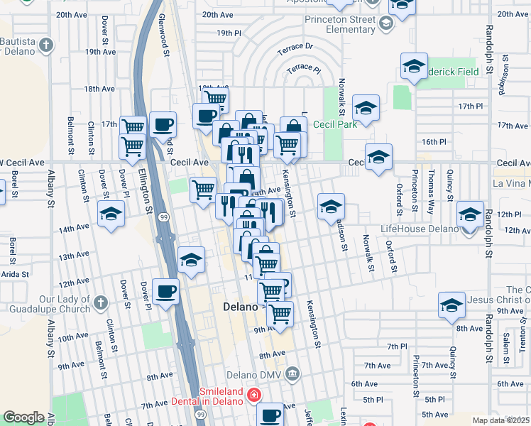 map of restaurants, bars, coffee shops, grocery stores, and more near 1309 Jefferson Street in Delano
