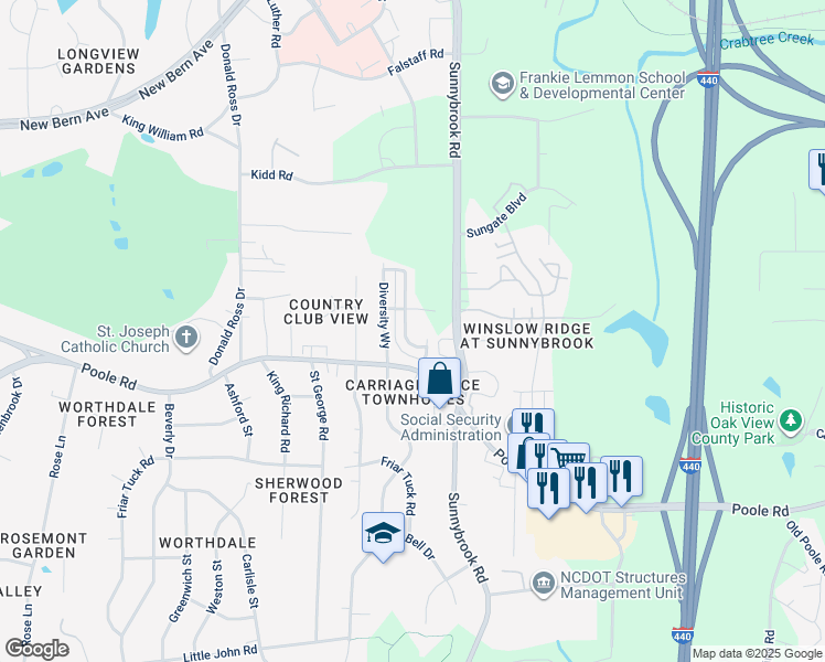 map of restaurants, bars, coffee shops, grocery stores, and more near 419 Sustainable Way in Raleigh