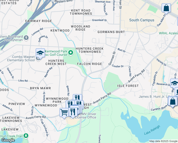 map of restaurants, bars, coffee shops, grocery stores, and more near 4107 Kaplan Drive in Raleigh
