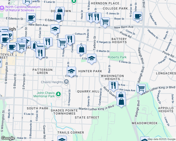 map of restaurants, bars, coffee shops, grocery stores, and more near 827 Postell Street in Raleigh