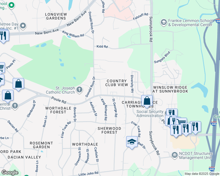 map of restaurants, bars, coffee shops, grocery stores, and more near 3104 Woodpecker Ct in Raleigh