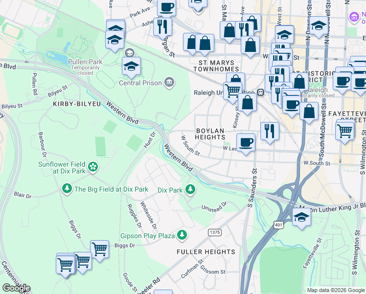 map of restaurants, bars, coffee shops, grocery stores, and more near 1007 West South Street in Raleigh