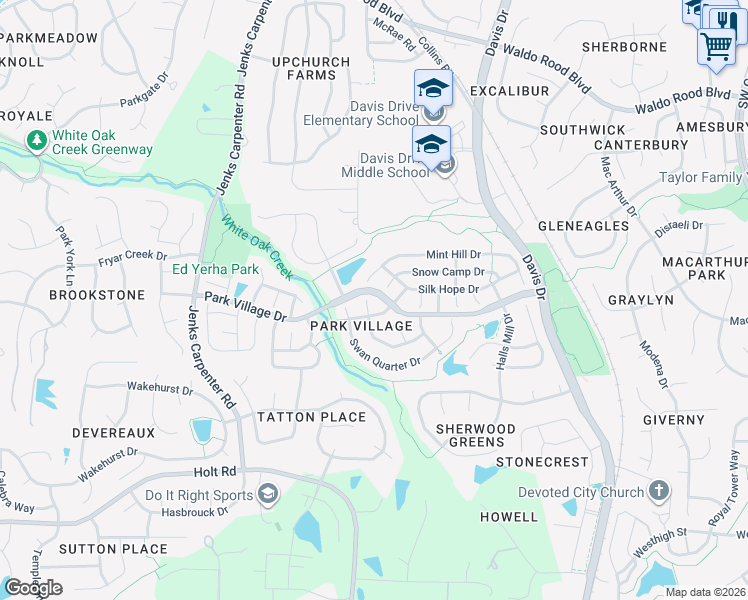 map of restaurants, bars, coffee shops, grocery stores, and more near 304 Swansboro Drive in Cary