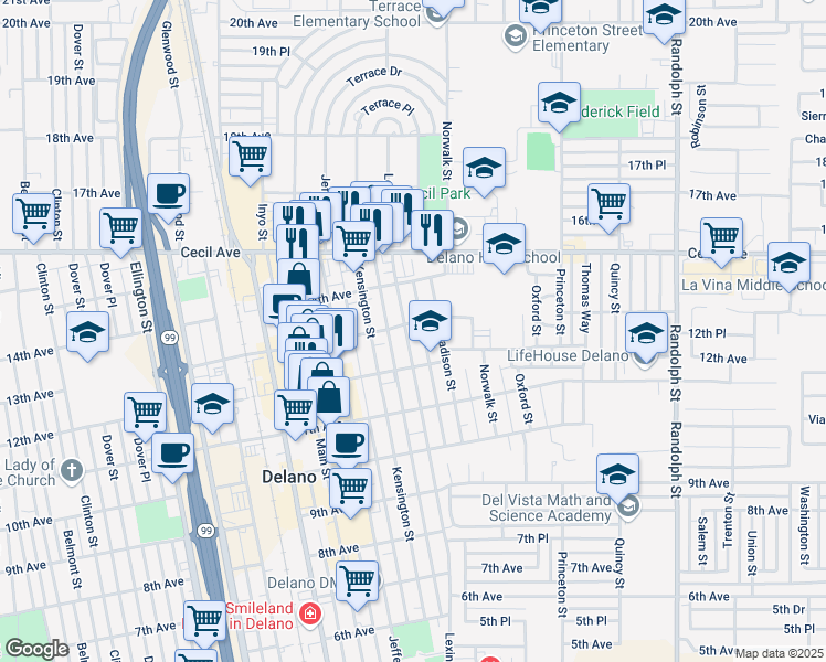 map of restaurants, bars, coffee shops, grocery stores, and more near 1230 Lexington Street in Delano