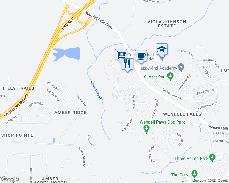 map of restaurants, bars, coffee shops, grocery stores, and more near 1168 Cottonsprings Drive in Wendell