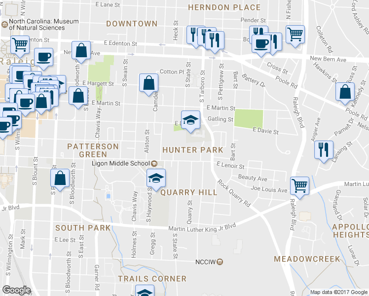map of restaurants, bars, coffee shops, grocery stores, and more near 819 Postell Street in Raleigh