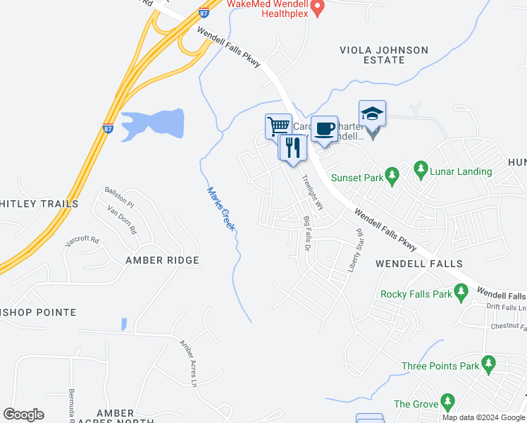map of restaurants, bars, coffee shops, grocery stores, and more near 1168 Cottonsprings Drive in Wendell