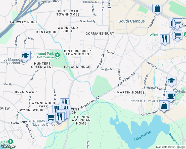 map of restaurants, bars, coffee shops, grocery stores, and more near 1501 Graduate Lane in Raleigh