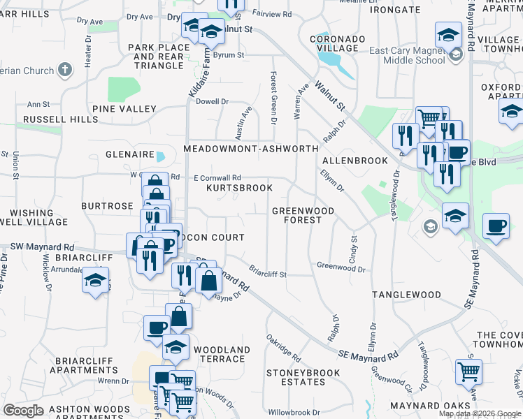map of restaurants, bars, coffee shops, grocery stores, and more near 922 Washington St in Cary